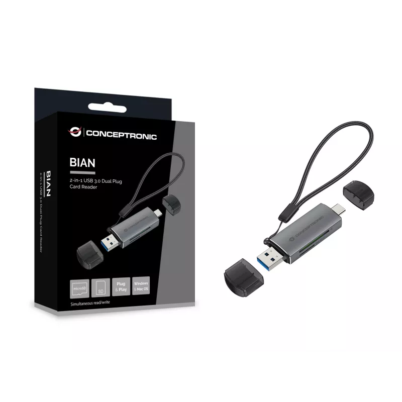 Conceptronic BIAN05G 2-in-1 USB 3.0 dvigubas kištukinis kortelių skaitytuvas, SD/MicroSD 3.0, UHS-I