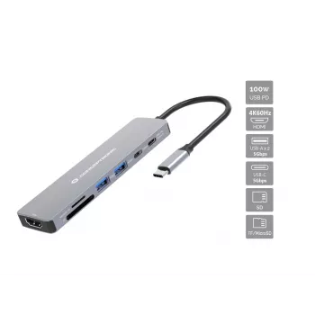 Conceptronic DONN28G 7-in-1 USB 3.2 Gen 1 dokų stotelė, 4K60Hz HDMI, USB-A 5Gbps x 2, USB-C 5Gbps, SD, TF/MicroSD, 100W USB PD