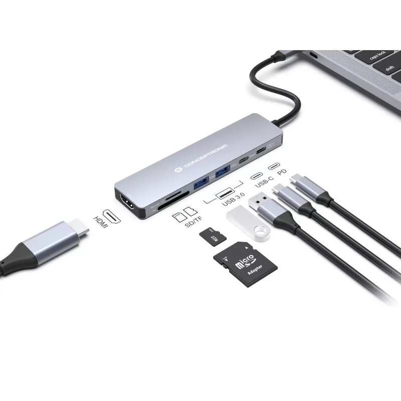 Conceptronic DONN28G 7-in-1 USB 3.2 Gen 1 dokų stotelė, 4K60Hz HDMI, USB-A 5Gbps x 2, USB-C 5Gbps, SD, TF/MicroSD, 100W USB PD