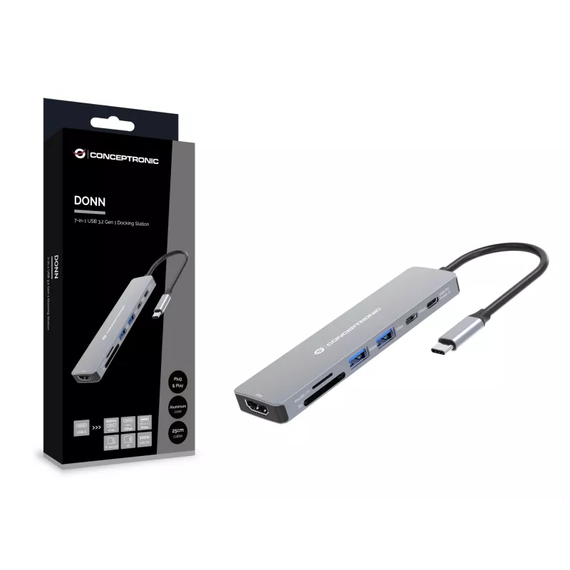 Conceptronic DONN28G 7-in-1 USB 3.2 Gen 1 dokų stotelė, 4K60Hz HDMI, USB-A 5Gbps x 2, USB-C 5Gbps, SD, TF/MicroSD, 100W USB PD