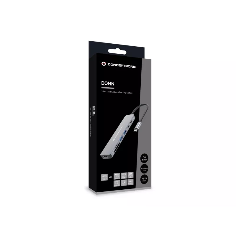 Conceptronic DONN28G 7-in-1 USB 3.2 Gen 1 dokų stotelė, 4K60Hz HDMI, USB-A 5Gbps x 2, USB-C 5Gbps, SD, TF/MicroSD, 100W USB PD