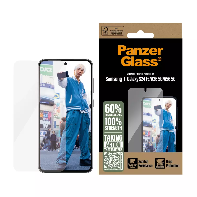 Grūdintas stiklas PanzerGlass Samsung Galaxy S24 FE / A36 / A56 – viso ekrano apsauga nuo įbrėžimų ir smūgių