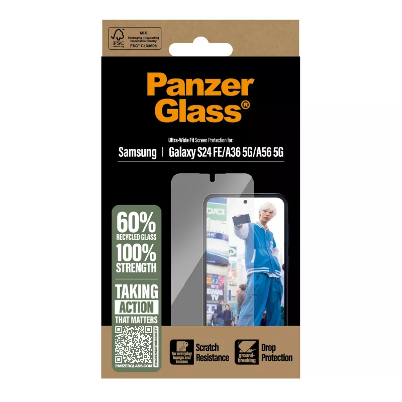 Grūdintas stiklas PanzerGlass Samsung Galaxy S24 FE / A36 / A56 – viso ekrano apsauga nuo įbrėžimų ir smūgių