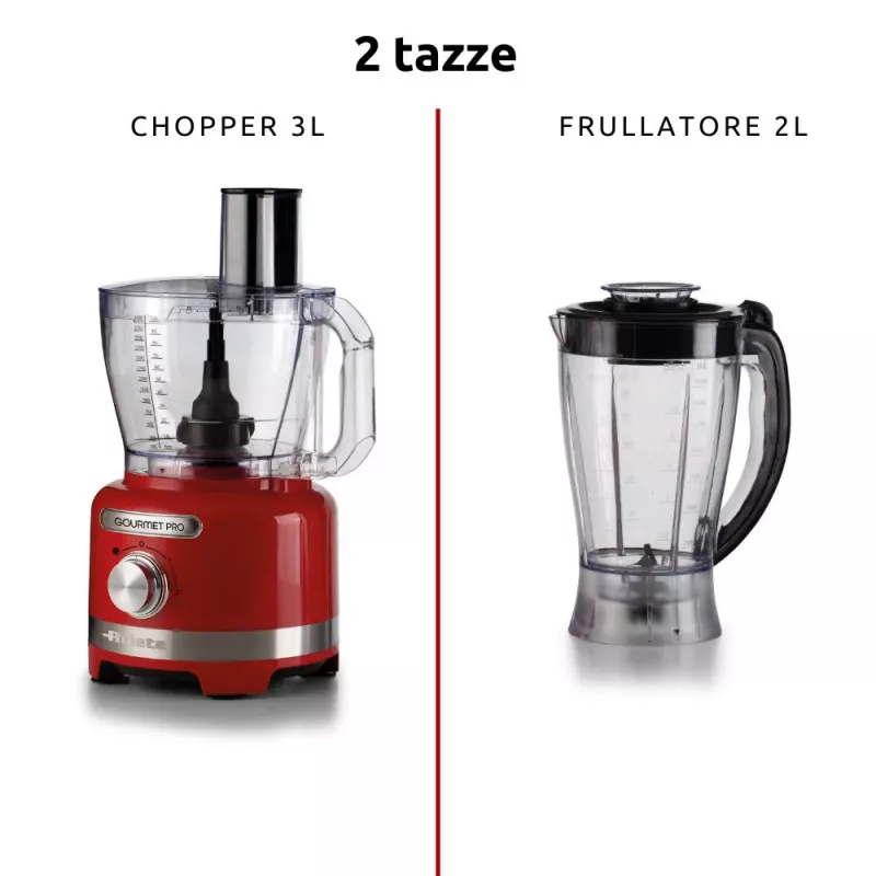 Ariete 1782 Gourmet Pro Moderna virtuvės kombainas, 3L pjaustymo indas, 2L blenderis, 2 greičiai + Pulse, peilių rinkinys + nerūdijančio plieno diskas, sulčiaspaudės priedas, raudonas