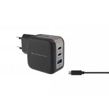 Conceptronic 3 prievadų 67W GaN USB PD įkroviklis su USB-C įkrovimo laidu, USB-C x 2, USB-A x 1, QC 3.0, PPS