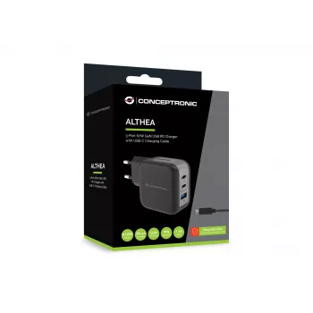 Conceptronic 3 prievadų 67W GaN USB PD įkroviklis su USB-C įkrovimo laidu, USB-C x 2, USB-A x 1, QC 3.0, PPS