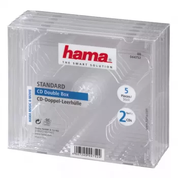 CD dvigubas jewel dėklas Hama 44752, pakuotė po 5 vienetus, 2 diskams, skaidrus