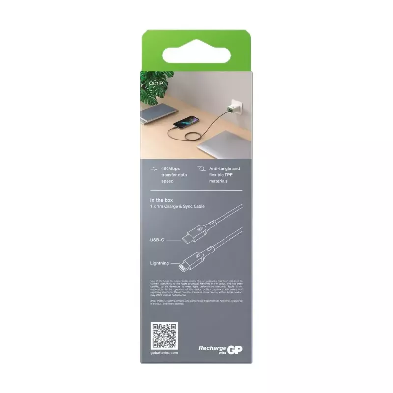 Laidas GP Batteries CL1P 1 m pilkas Lightning USB C