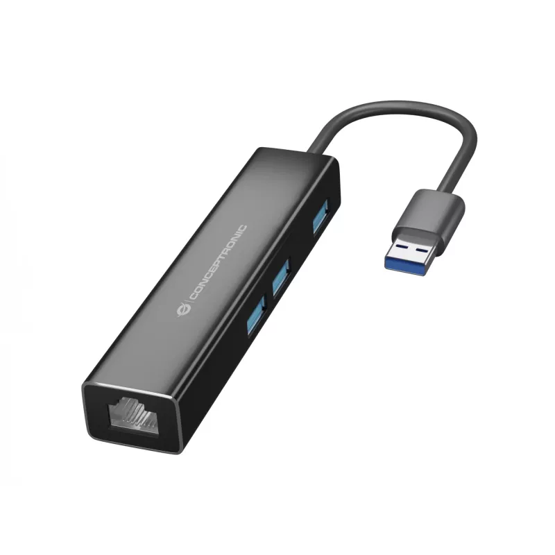 Conceptronic DONN07BA 3 prievadų USB 3.0 šakotuvas su Gigabit Ethernet adapteriu, USB-C/USB-A, Wake-on-LAN, juodas