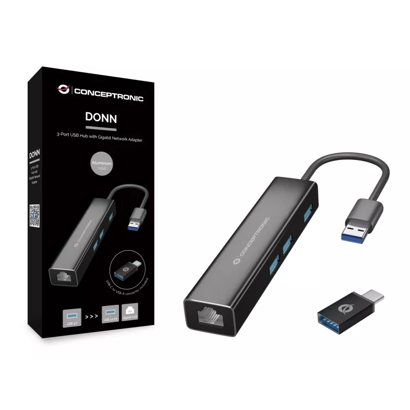 Conceptronic DONN07BA 3 prievadų USB 3.0 šakotuvas su Gigabit Ethernet adapteriu, USB-C/USB-A, Wake-on-LAN, juodas