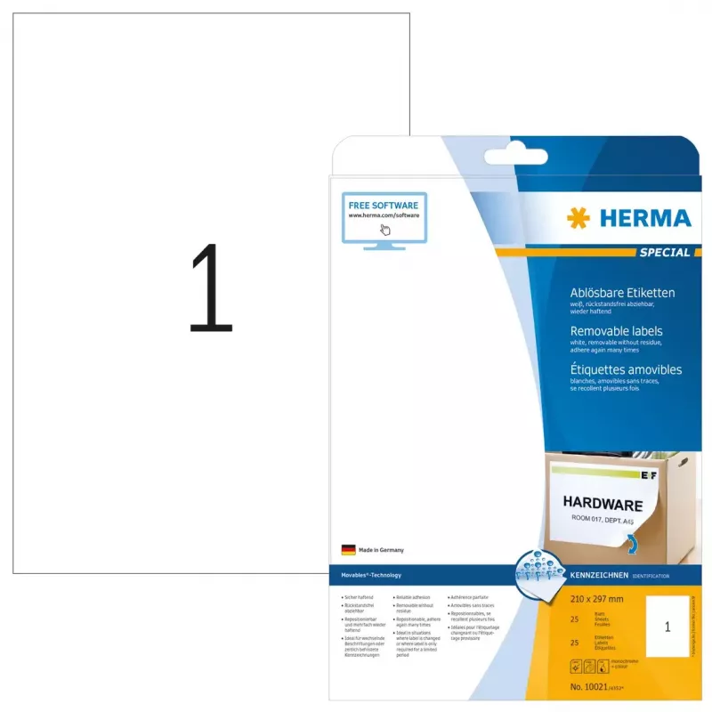 Lipnūs etikečių lapai HERMA Nuimamos etiketės A4 210x297 mm balta Movables