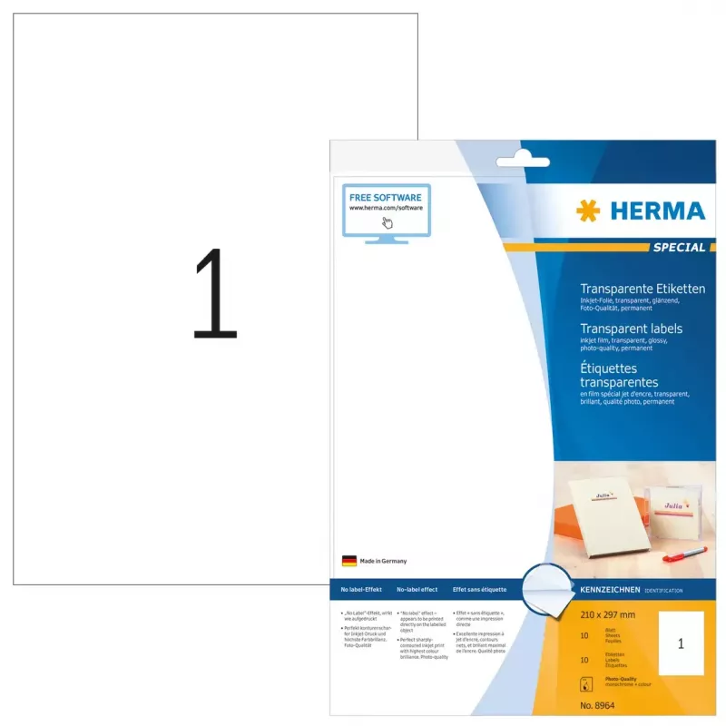 HERMA A4 lipnios permatomos plėvelės etiketės blizgios 210x297 mm 10 lapų