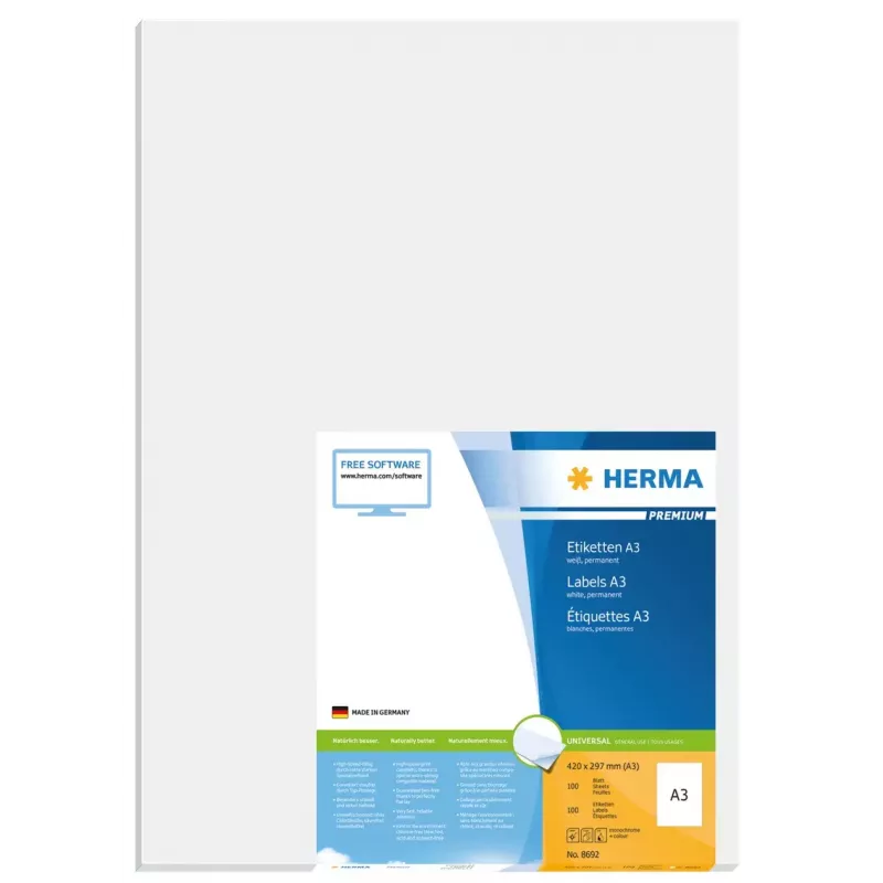 HERMA 8692 A3 lipnūs etikečių lapai, 297x420 mm, balta matinė, 100 vnt.