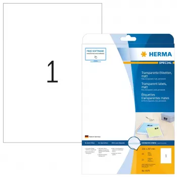 Lipnūs etikečių lapai HERMA Labels permatomi matiniai A4 210x297 mm plėvelė