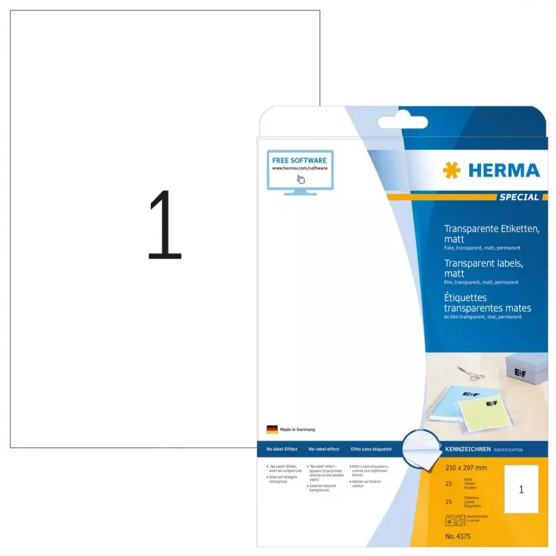 Lipnūs etikečių lapai HERMA Labels permatomi matiniai A4 210x297 mm plėvelė