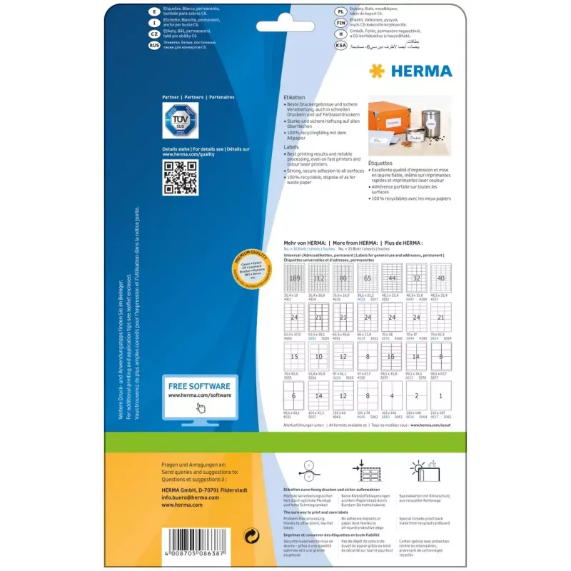 Lipnios etiketės HERMA 8638 stačiakampės baltos 70x36 mm, 240 vnt.