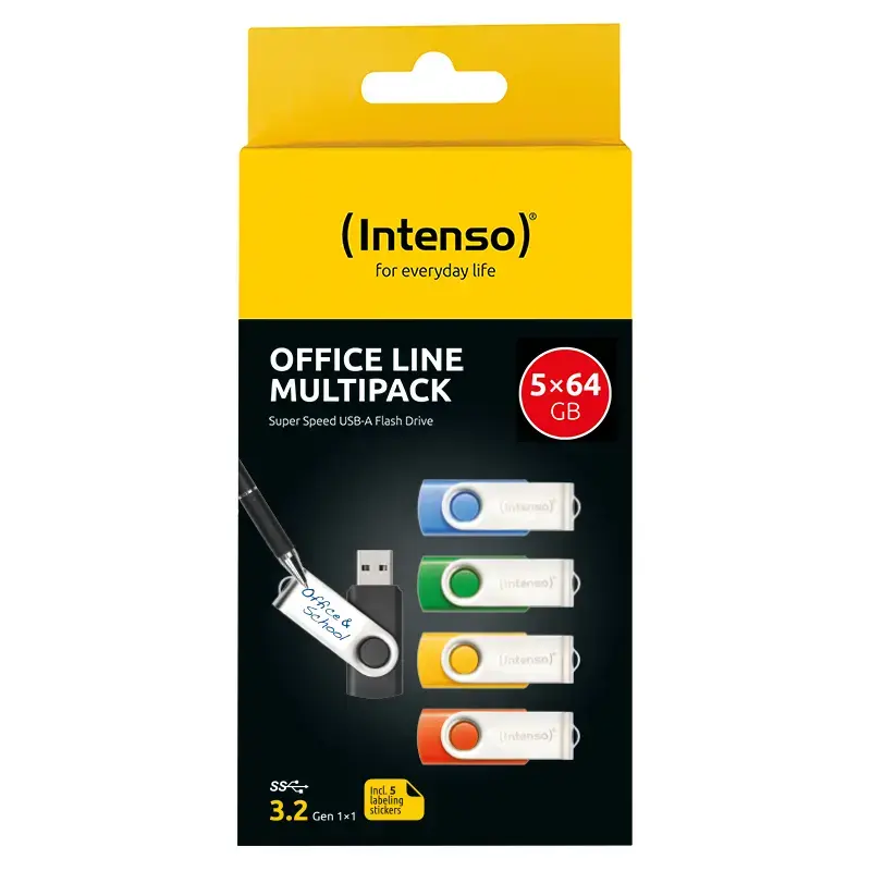 INTENSO Office Line USB atmintukų multipack 5×64 GB, USB-A, USB 3.2 Gen 1, sukamas, įvairiaspalvis
