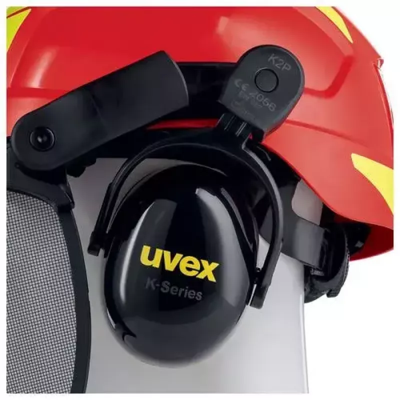 Uvex 9774238 apsauginis šalmas miškininkystei su skydeliu ir ausinėmis (HDPE, raudona/geltona)
