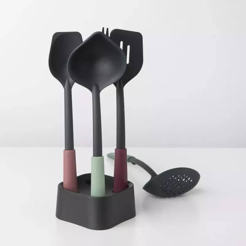 Brabantia Tasty+ 5 dalių virtuvės įrankių rinkinys (juoda, žalia, raudona) – atsparus karščiui iki 220°C