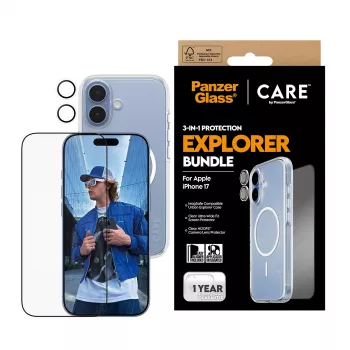 PanzerGlass CARE 3-in-1 Flagship Explorer Bundle iPhone 17 – apsauginis stiklas, objektyvų apsaugos ir dėklas