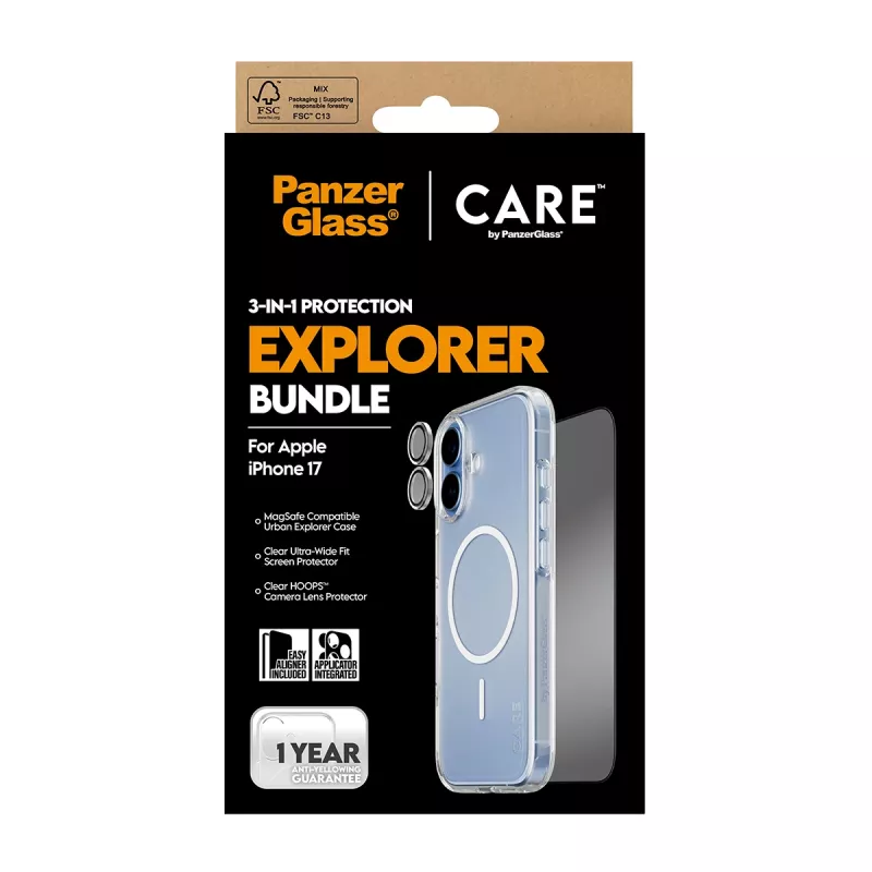 PanzerGlass CARE 3-in-1 Flagship Explorer Bundle iPhone 17 – apsauginis stiklas, objektyvų apsaugos ir dėklas