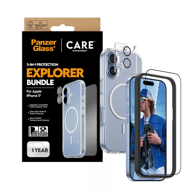 PanzerGlass CARE 3-in-1 Flagship Explorer Bundle iPhone 17 – apsauginis stiklas, objektyvų apsaugos ir dėklas