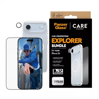 PanzerGlass 3‑in‑1 Explorer Set CR66372 apsauginis rinkinys iPhone 17 Air (grūdintas stiklas ekranui, objektyvo apsauga, valymo įrankiai)