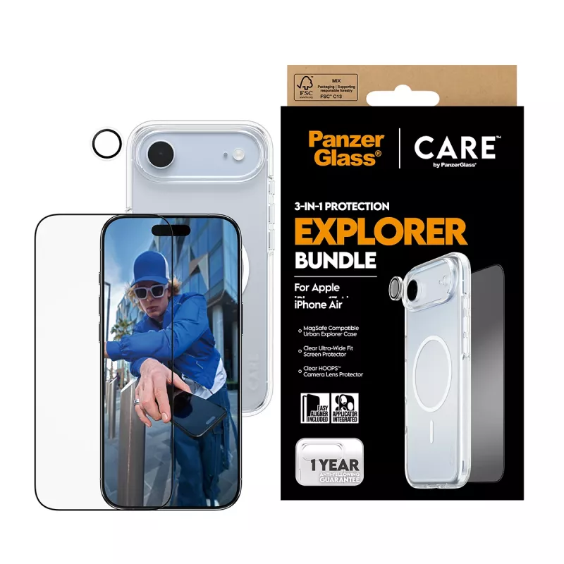 PanzerGlass 3‑in‑1 Explorer Set CR66372 apsauginis rinkinys iPhone 17 Air (grūdintas stiklas ekranui, objektyvo apsauga, valymo įrankiai)