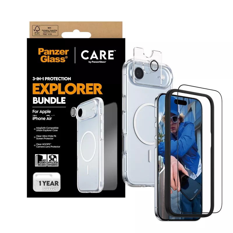 PanzerGlass 3‑in‑1 Explorer Set CR66372 apsauginis rinkinys iPhone 17 Air (grūdintas stiklas ekranui, objektyvo apsauga, valymo įrankiai)