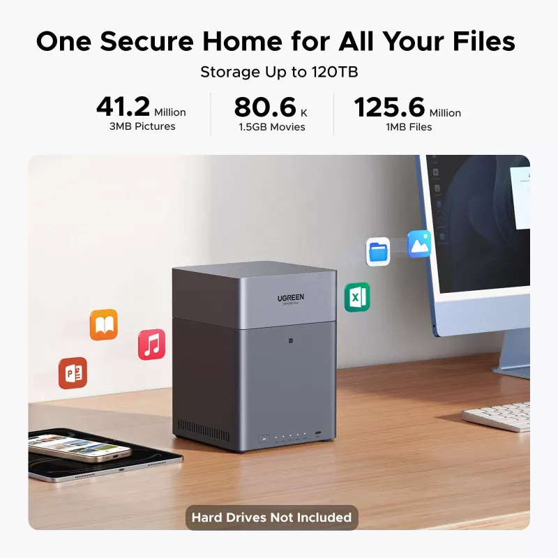 UGREEN NAS DH4300 Plus 4 diskų 120TB su 2.5GbE ir USB-C