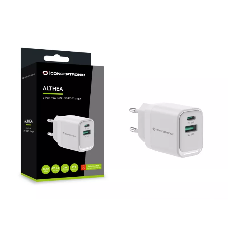 Conceptronic ALTHEA19W33 2 prievadų 33W GaN USB PD įkroviklis, USB-C x 1, USB-A x 1, QC 3.0, PPS, PD 3.0