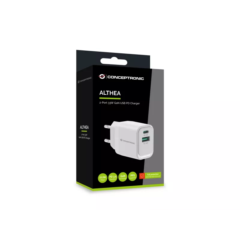 Conceptronic ALTHEA19W33 2 prievadų 33W GaN USB PD įkroviklis, USB-C x 1, USB-A x 1, QC 3.0, PPS, PD 3.0