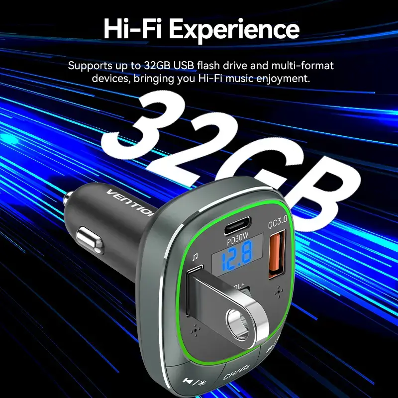 Automobilinis įkroviklis Vention 3-Port USB (USB-C + 2× USB-A) 30W/18W/5W Juodas