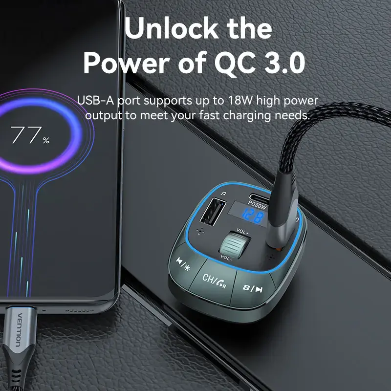 Automobilinis įkroviklis Vention 3-Port USB (USB-C + 2× USB-A) 30W/18W/5W Juodas