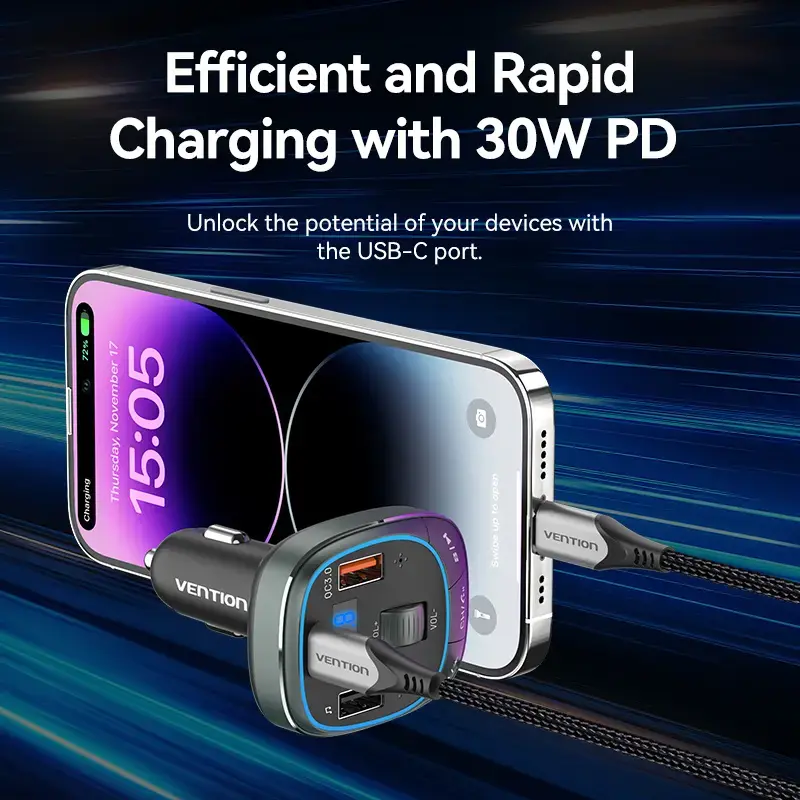 Automobilinis įkroviklis Vention 3-Port USB (USB-C + 2× USB-A) 30W/18W/5W Juodas
