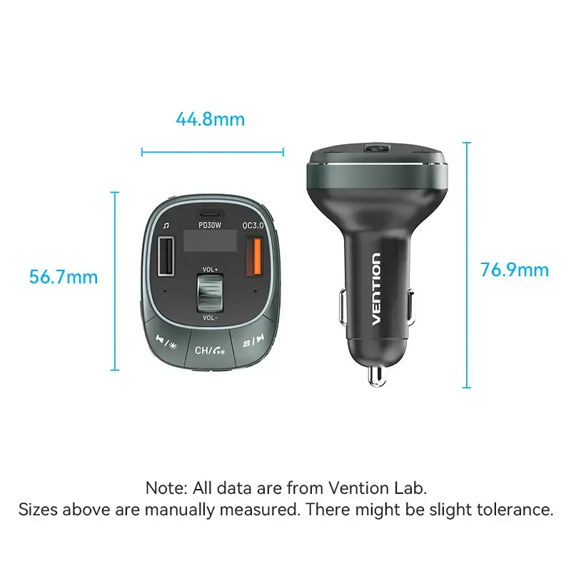 Automobilinis įkroviklis Vention 3-Port USB (USB-C + 2× USB-A) 30W/18W/5W Juodas