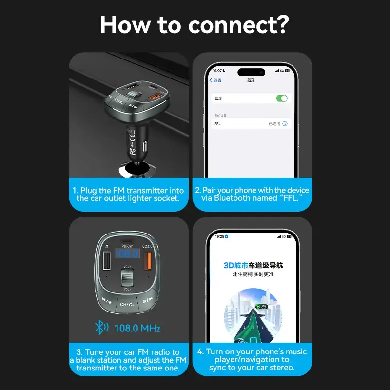 Automobilinis įkroviklis Vention 3-Port USB (USB-C + 2× USB-A) 30W/18W/5W Juodas