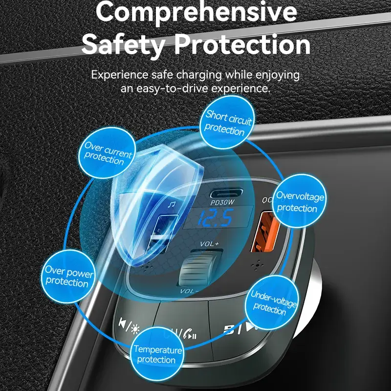 Automobilinis įkroviklis Vention 3-Port USB (USB-C + 2× USB-A) 30W/18W/5W Juodas