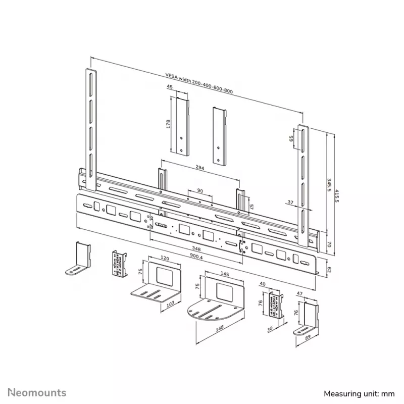 Neomounts AV30-500BL laikiklis videobarui 43–110 colių ekranams — VESA iki 600×400, max 10 kg, plotis 900 mm
