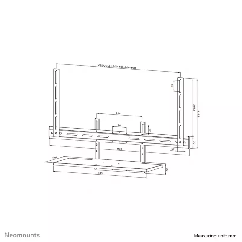 Lentynos komplektas klaviatūrai Neomounts AV40-500BL, skirta 43–110 colių ekranams, VESA iki 600x400, maks. apkrova 2,5 kg, 900×279×640 mm
