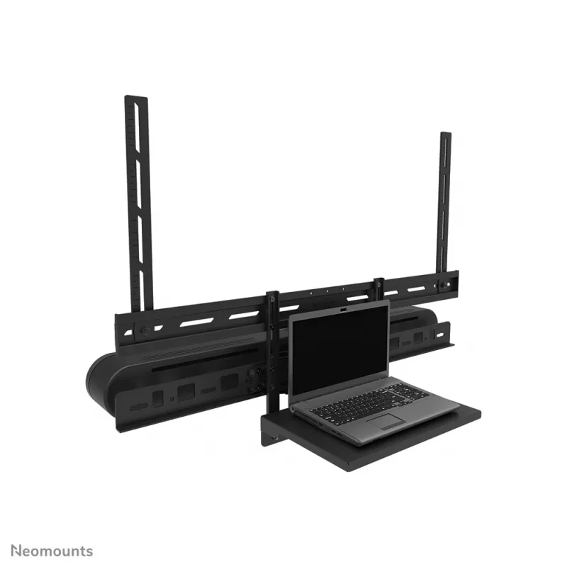 Neomounts AV60-500BL komplektas vaizdo juostai ir nešiojamojo kompiuterio lentynai, 43–110 colių ekranams, VESA iki 600x400, max apkrova 8 kg, plotis 900 mm