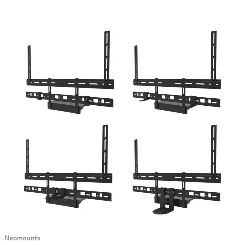 Neomounts AV60-500BL komplektas vaizdo juostai ir nešiojamojo kompiuterio lentynai, 43–110 colių ekranams, VESA iki 600x400, max apkrova 8 kg, plotis 900 mm