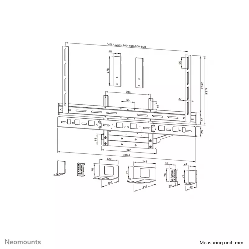 Neomounts AV60-500BL komplektas vaizdo juostai ir nešiojamojo kompiuterio lentynai, 43–110 colių ekranams, VESA iki 600x400, max apkrova 8 kg, plotis 900 mm