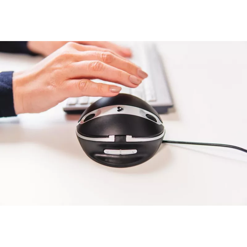 BakkerElkhuizen Oyster Wired pelė, Ambidekstrinė, Vertikalus dizainas, Lazerinė, USB Type-A, 1200 DPI, Juoda, Sidabrinė