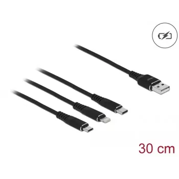 USB įkrovimo laidas DeLOCK 3 in 1 Type-A į Lightning Micro USB USB Type-C 30 cm juodas