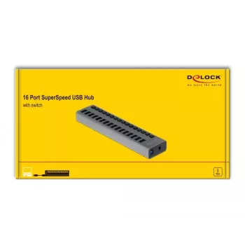 USB šakotuvas DeLOCK 63739, 16 prievadų, USB 3.2 Gen 1, pilkas metalinis korpusas