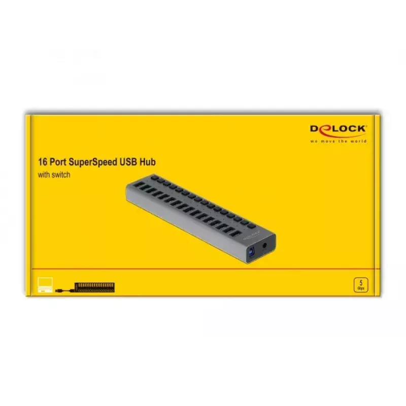 USB šakotuvas DeLOCK 63739, 16 prievadų, USB 3.2 Gen 1, pilkas metalinis korpusas