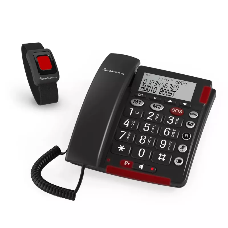 Laidinis analoginis telefonas amplicomms BigTel 50 Alarm Plus su skambučio numerio rodymu, tamsiai pilkas