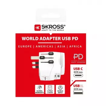 Keliautojų universalus adapteris SKROSS 61663 baltas 100-250V 2.4A USB