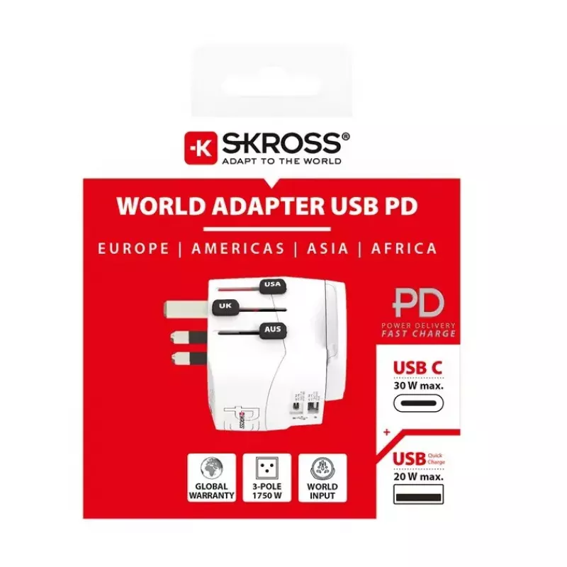 Keliautojų universalus adapteris SKROSS 61663 baltas 100-250V 2.4A USB